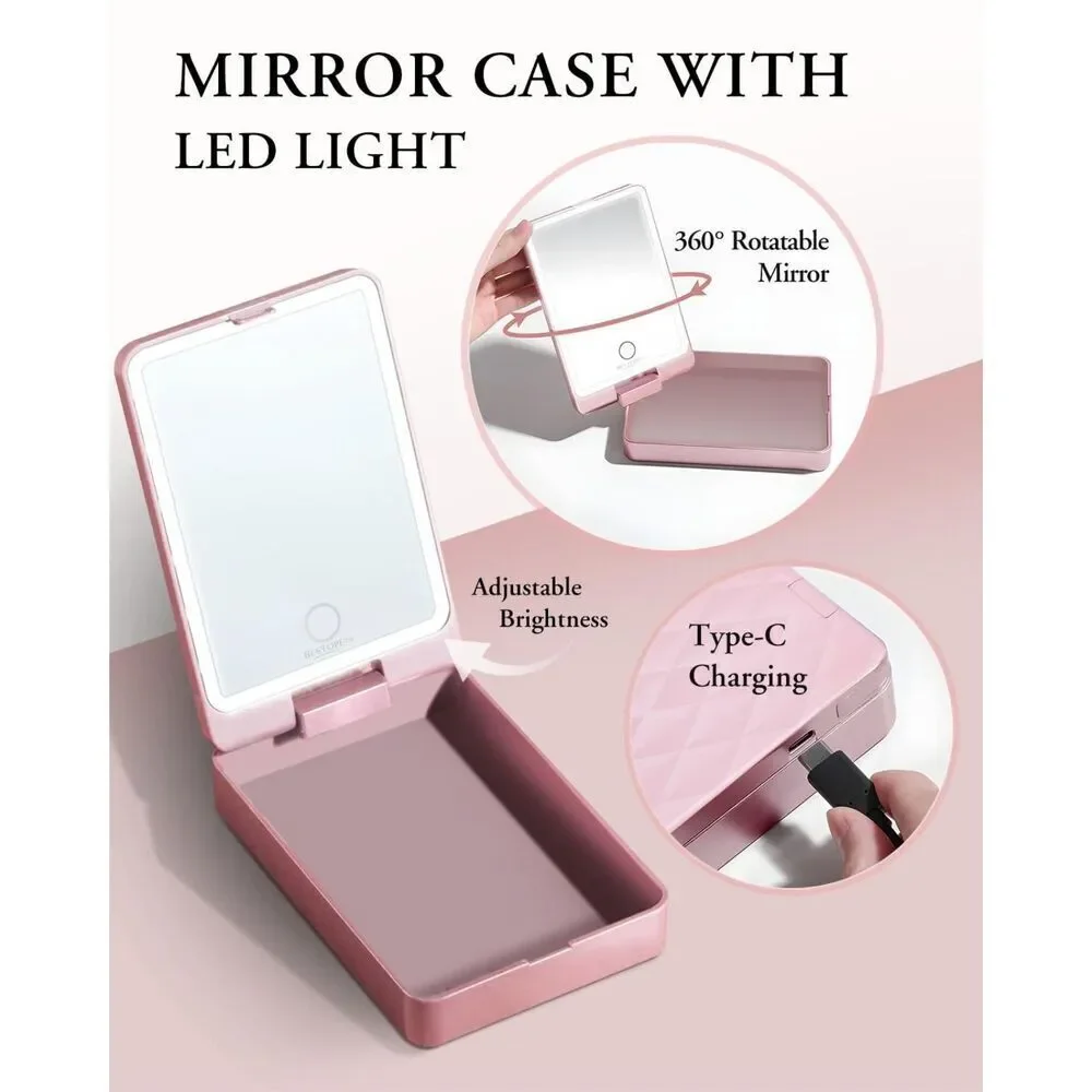 20 Pcs Gold Travel Makeup Brush Set With Led Light Mirror Holder & 2 Powder Puff